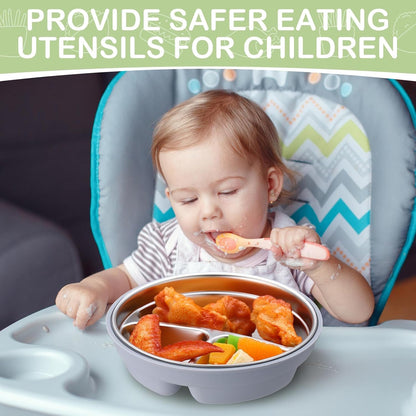 Nuogo 2 Pcs Stainless Steel Baby Suction Plates with Removable Silicone Shell 2-in-1 Metal Toddler Bowl Divided for Picky Eaters Kids Feeding Led Weaning Supplies, Dishwasher Safe (Purple,Green)