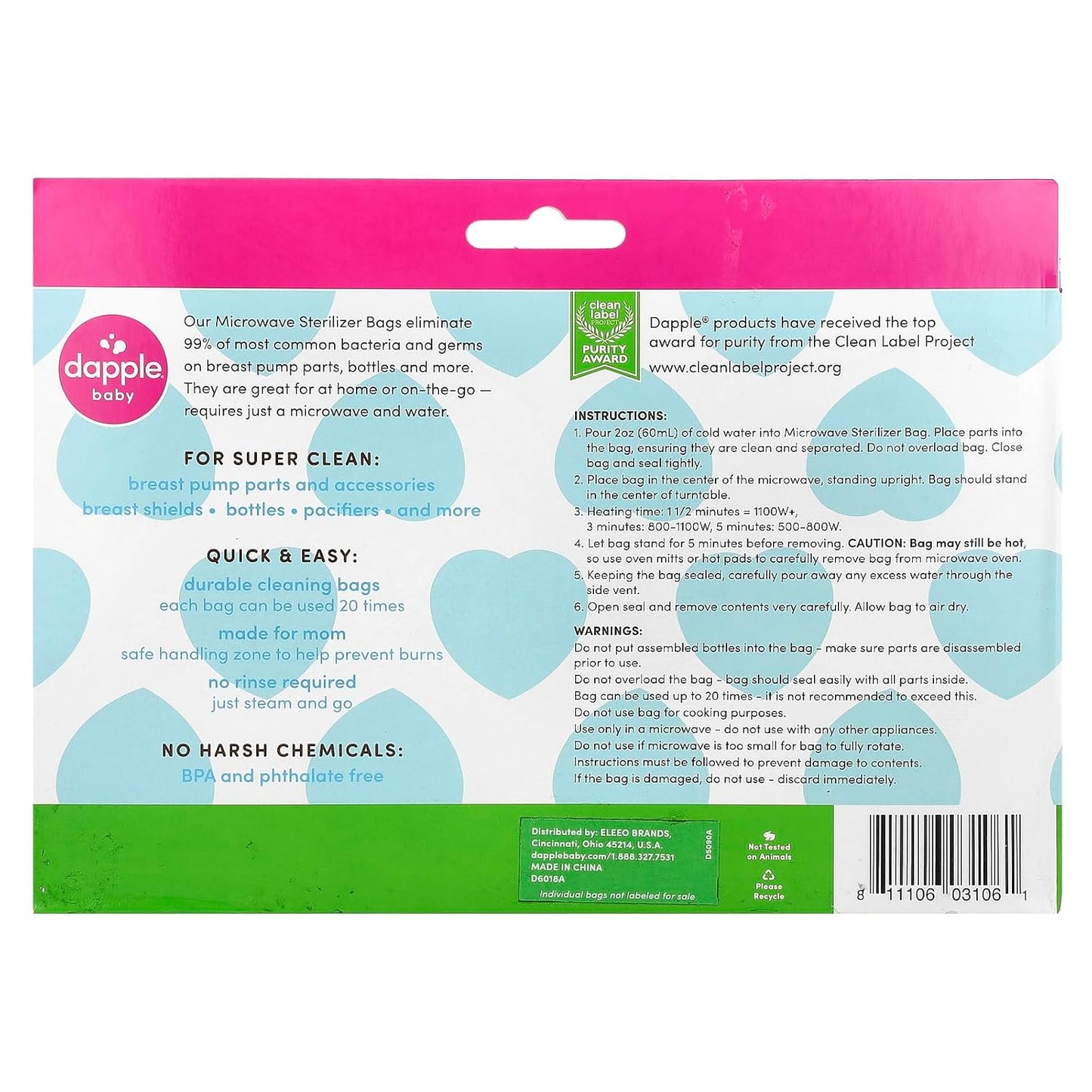 Dapple Baby Microwave Sterilizer Bags, Reusable, 20 Uses Per Bag, Great for Breast Pump Parts & Bottles, 8 Count (Pack of 2)
