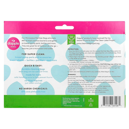 Dapple Baby Microwave Sterilizer Bags, Reusable, 20 Uses Per Bag, Great for Breast Pump Parts & Bottles, 8 Count (Pack of 2)