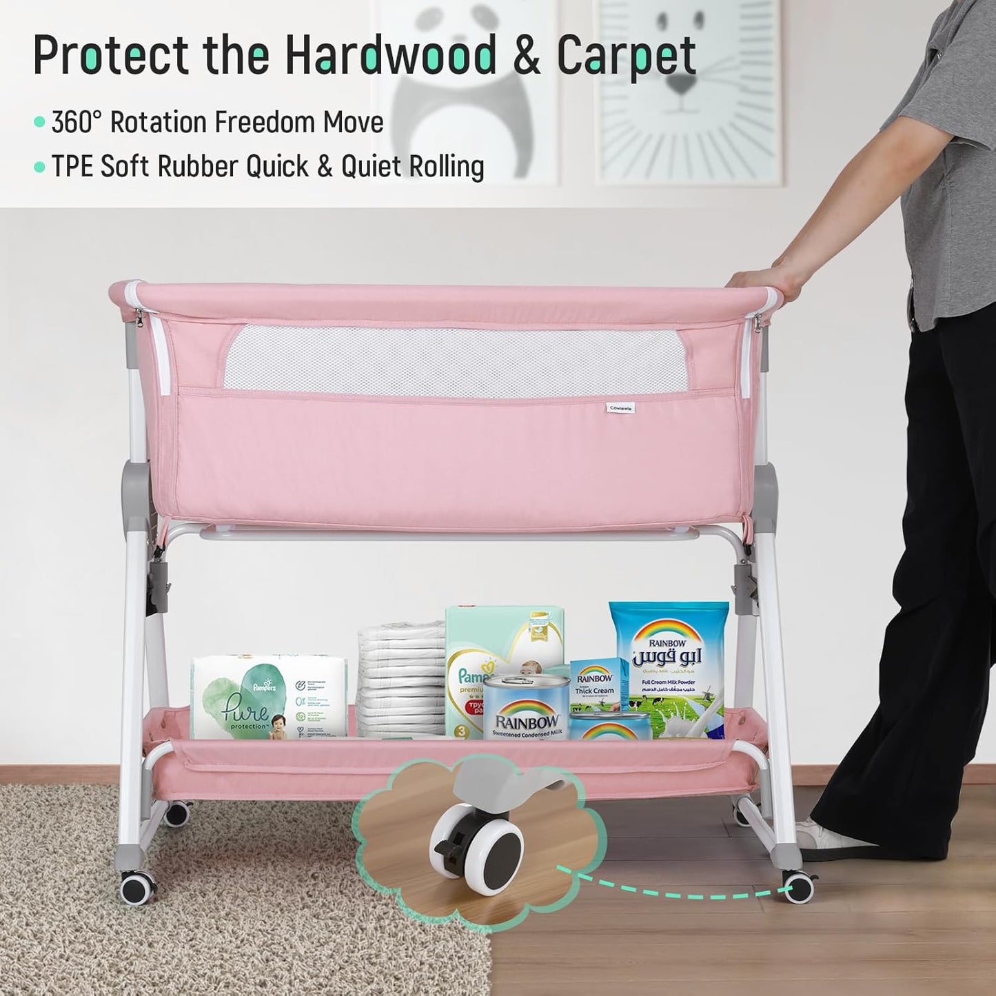 Cowiewie Bassinet Bedside Sleeper, Baby Bassinet with 7 Adjustable Height, Bedside Bassinet for Baby with Storage, Breathable Mesh & Mattress, Portable Bassinet Easy Folding (Pyramid Light Gray)