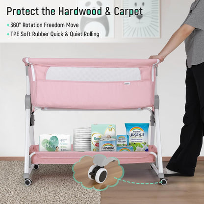 Cowiewie Bassinet Bedside Sleeper, Baby Bassinet with 7 Adjustable Height, Bedside Bassinet for Baby with Storage, Breathable Mesh & Mattress, Portable Bassinet Easy Folding (Pyramid Light Gray)