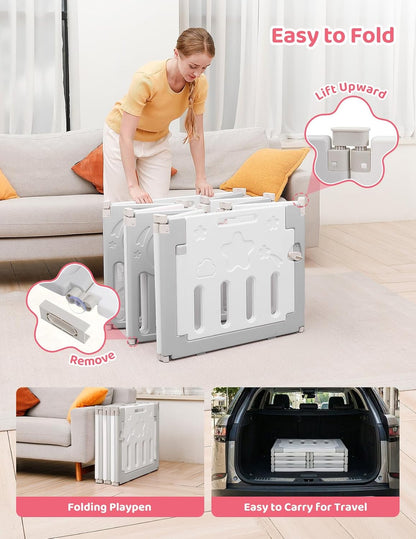 Baby Playpen, Dripex Baby Playard for Babies and Toddlers, 14-Panel Foldable Playpen Adjustable Portable Play Area, Indoor/Outdoor Kids Active Center with Game Panel & Safety Gate, Grey White