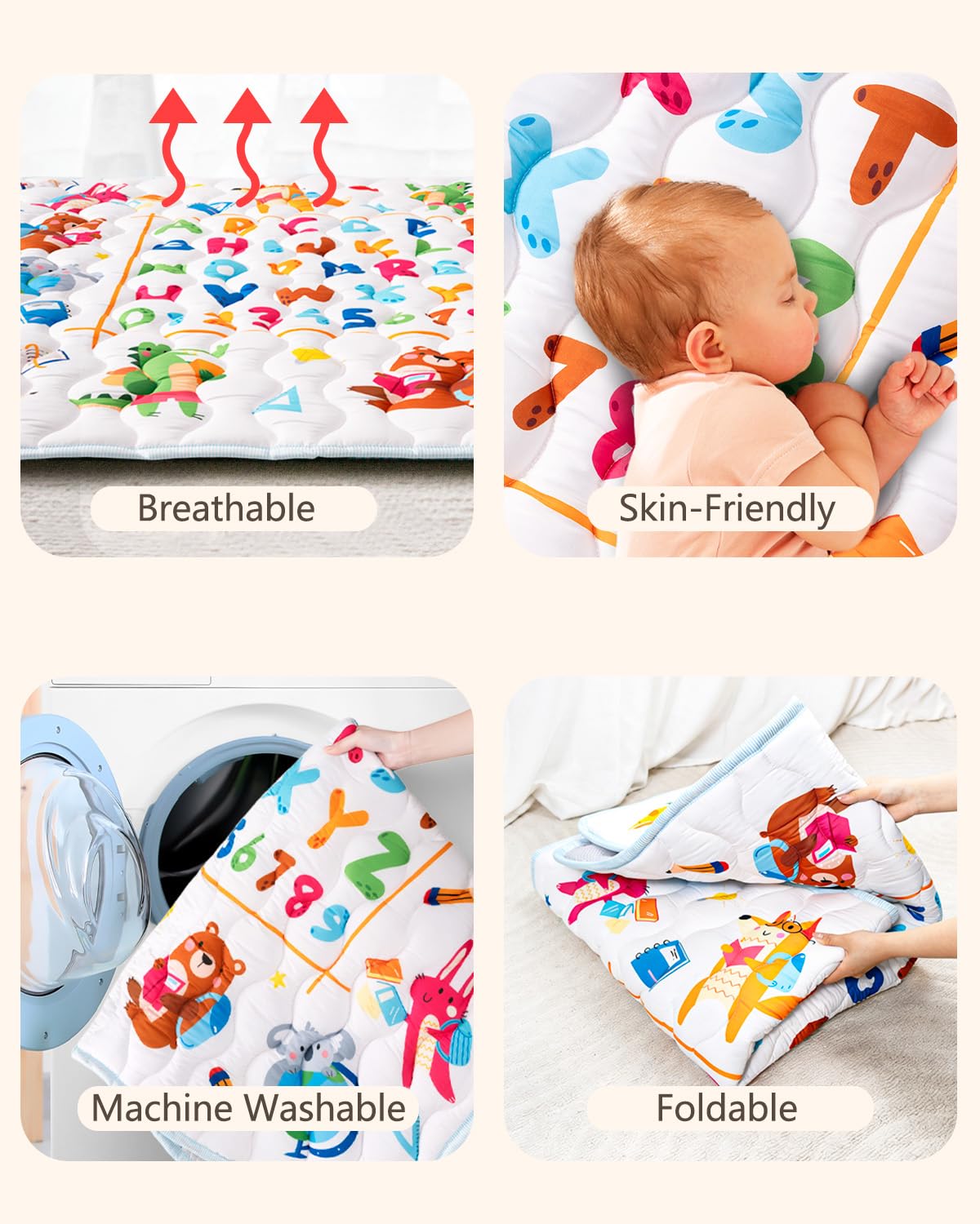 Baby Play Mat, 50x50 Playpen Mat with Super Soft Touch, Activity Mats with Upgraded Anti-Slip Bottom, Machine Washable Crawling Mats for Floor & Picnic (Animal Alphabets)