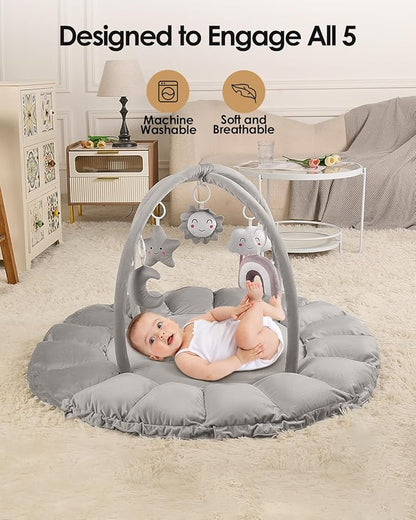 5-in-1 Convertible Baby Gym Play Mat with Hanging Toys, Soft Padded Activity Center & Ball Pit, Plush Tummy Time Mat for Newborns to Toddlers, Machine Washable, Gray