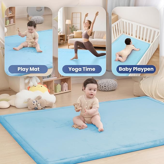 Extra Large 79"x118" Baby Activity Play Mat for Floor, 1.3" Thick Elasti Foam for Tummy Time & Crawling, Non-Slip Nursery Rug for Infants, Toddlers & Kids, Tatami Style Mat for Yoga, Living Room, Classroom & Playroom(Light Blue)
