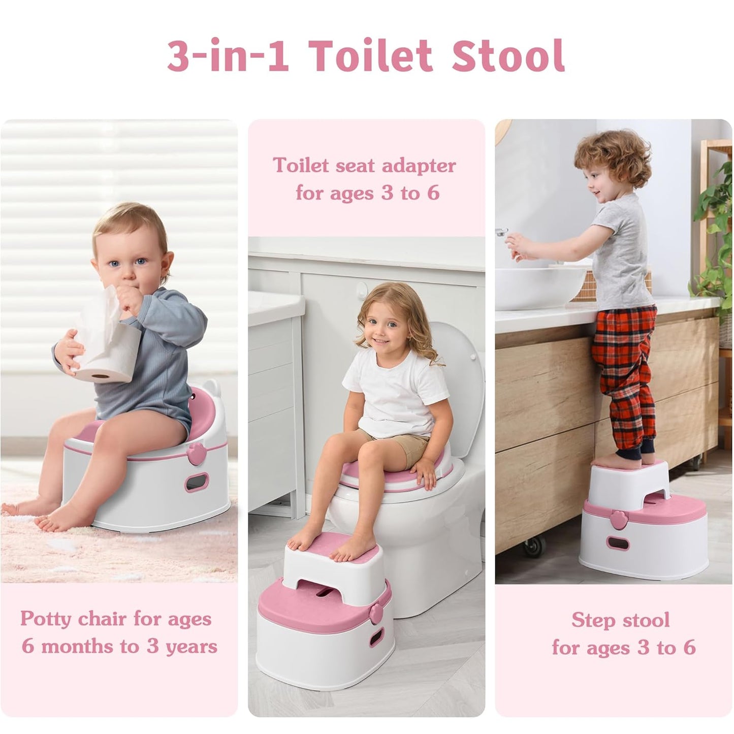 3-in-1 Potty Training Toilet, Portable Potty, Potty Training Seat and Toddler Step Stool, Easy Setup and Clean, Anti-Slip Toddler Potty Trainer for Boy Girl,Grey