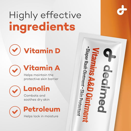 Dealmed A&D Ointment | Diaper Rash Cream for Baby with Vitamins A & D | Moisturizing Skin Protectant | Soothes and Nourishes | Healing Ointment for Dry and Cracked Skin (144 Packets/Box, Pack of 1)