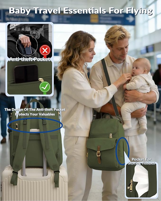 Baby Diaper Bag, Multi-Function Baby Bag for Mom Dad, 15 Pockets Pañaleras para Bebe Stroller Straps, Newborn Baby Essentials Must Haves for Girl Boy Army green