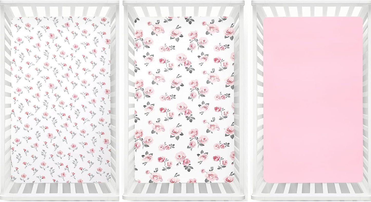 PHF 3 Pack Soft Mini Crib Sheets, Floral & Animal Pack N Play Sheets for Baby Boys Girls, No Slip Universal Fit for Pack N Play, Playard, Portable and Mini Crib Mattresses,Floral & Animal