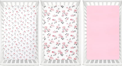 PHF 3 Pack Soft Mini Crib Sheets, Floral & Animal Pack N Play Sheets for Baby Boys Girls, No Slip Universal Fit for Pack N Play, Playard, Portable and Mini Crib Mattresses,Floral & Animal