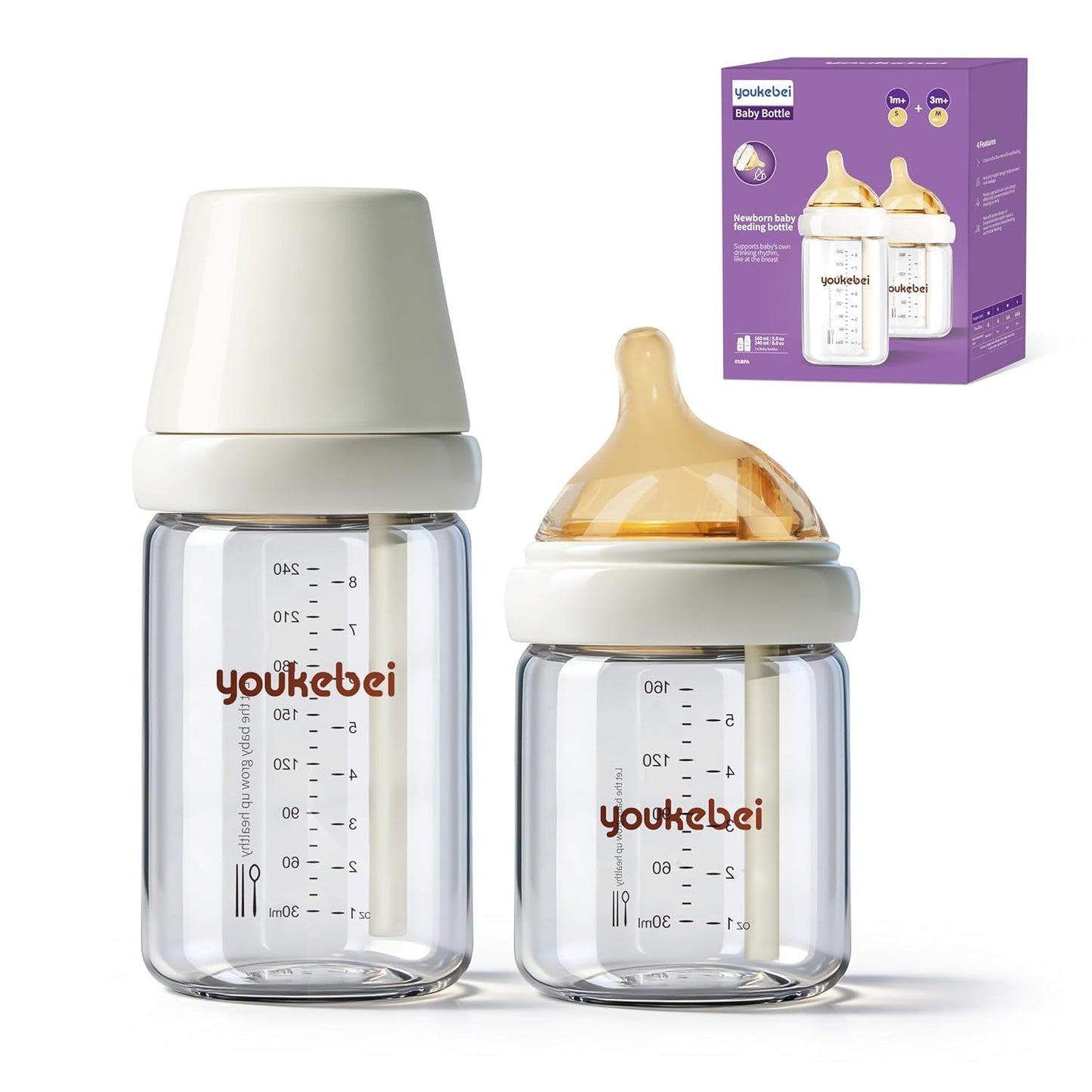 Small Glass Baby Bottle for Newborn Breastfeeding Babies, Preemie & Extra Slow Flow Nipples (SS), Anti-Colic, Breast-Like, 0 Months+, 3 oz, 2 Pack