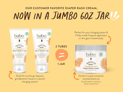 Babo Botanicals Sensitive Baby Fragrance-Free Diaper Cream - 25% Natural Zinc Oxide - Calendula, Shea & Cocoa Butter - EWG Verified - Vegan- from Birth on - 6 Ounce Jar