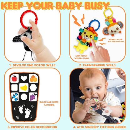 Baby Car Seat Animals Toys - Kick and Play Double Sided Infant Car Seat Toys with Plush Toys, Mirror, Teether for Baby, Babys Travel Activities, Christmas Birthday Gifts Newborn Infant Toys