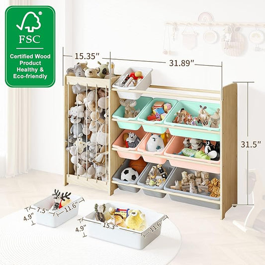 EXPERLAM Kids Toy Storage Organizer, 2-in-1 Stuffed Animal Storage & Toy Organizer w/12 Bins, Solid Wood Toy Rack Featuring Thicker Elastic Ropes to Hold Toys, Playroom Nursery Bedroom Storage, Multi