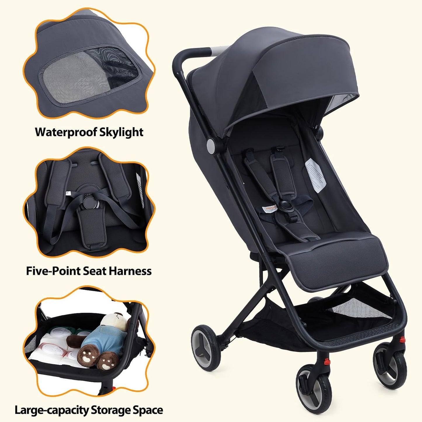 Lightweight Baby Stroller, Compact One-Hand Fold Travel Stroller Airplane Friendly, Reclining Infant Stroller with 5-Point Harness & Adjustable Canopy, All-Terrain Stroller for Toddlers 6-36 Months