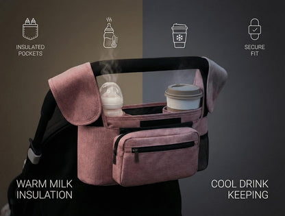 Stroller Organizer with Insulated Cup Holders - Universal Blue Baby Stroller Bag Caddy with Detachable Phone Pocket, Diaper Storage, Adjustable Straps for Uppababy, Doona, Baby Jogger, Britax