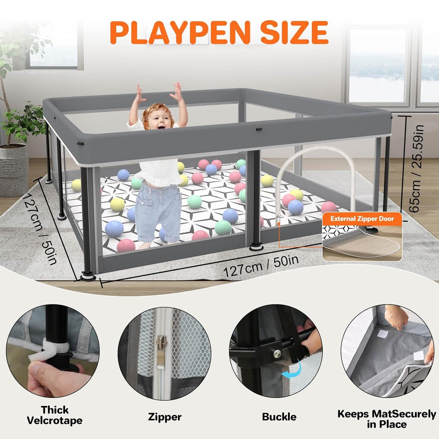 Foldable Baby Playpen with Mat - Portable,Spacious & Sturdy Playpen for Babies and Toddlers,Quick 1-Minute Setup,Travel-Friendly, Collapsible Play Pen for Indoor and Outdoor Use (Grey, 50x50 inches)