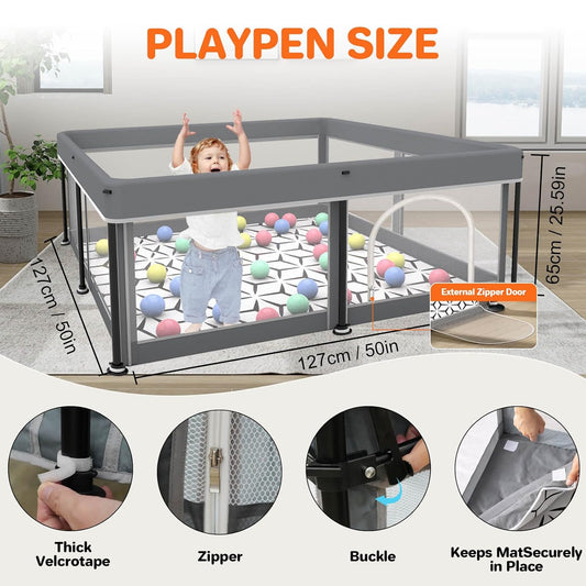 Foldable Baby Playpen with Mat - Portable,Spacious & Sturdy Playpen for Babies and Toddlers,Quick 1-Minute Setup,Travel-Friendly, Collapsible Play Pen for Indoor and Outdoor Use (Grey, 50x50 inches)