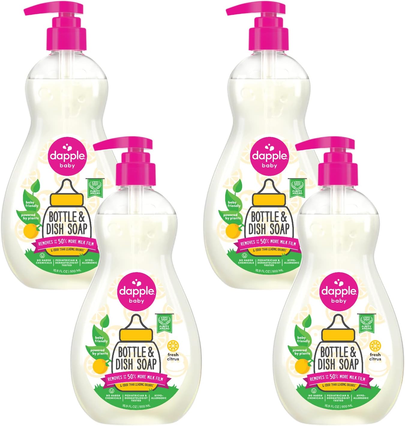 Dapple Baby Fragrance Free Bottle & Dish Soap - (3 Pack) 16.9 fl oz - Cleans Baby Bottles, Sippy Cups, Pacifiers, Breast Pumps, & More - Gently Removes Milk Film & Odors - Includes 1 Pump