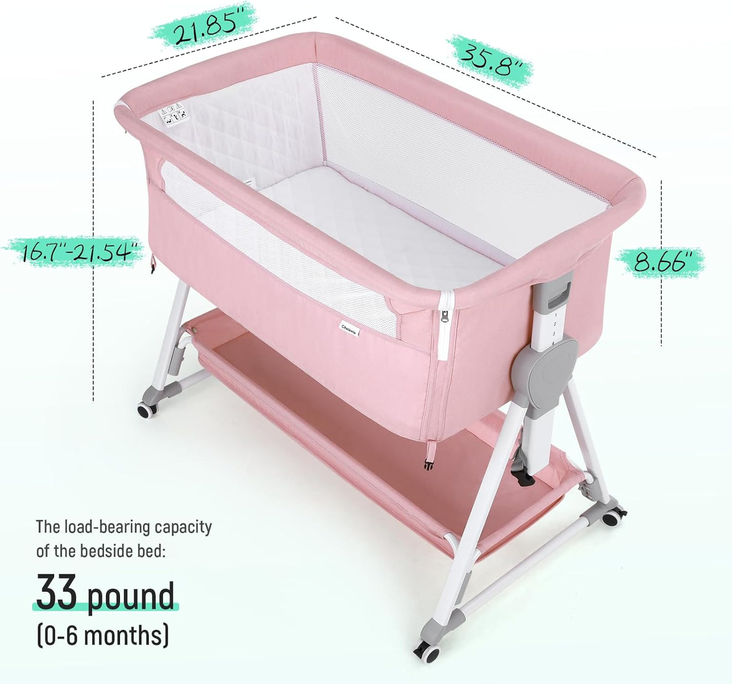 Cowiewie Bassinet Bedside Sleeper, Baby Bassinet with 7 Adjustable Height, Bedside Bassinet for Baby with Storage, Breathable Mesh & Mattress, Portable Bassinet Easy Folding (Pyramid Light Gray)