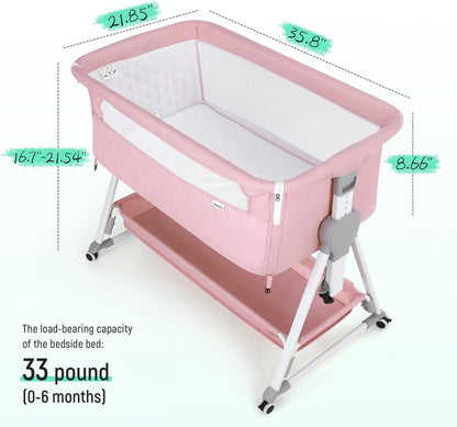 Cowiewie Bassinet Bedside Sleeper, Baby Bassinet with 7 Adjustable Height, Bedside Bassinet for Baby with Storage, Breathable Mesh & Mattress, Portable Bassinet Easy Folding (Pyramid Light Gray)