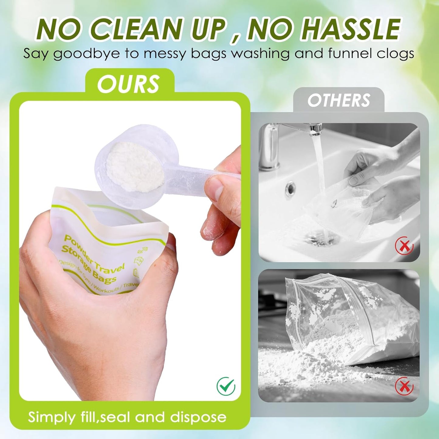 Disposable Protein Powder Travel Container Bags – 60Pcs Leakproof Single-Use Travel Powder Bags, Mess-Free Powder Travel Container for Gym, Workouts, Travel, On-the-Go Lifestyles