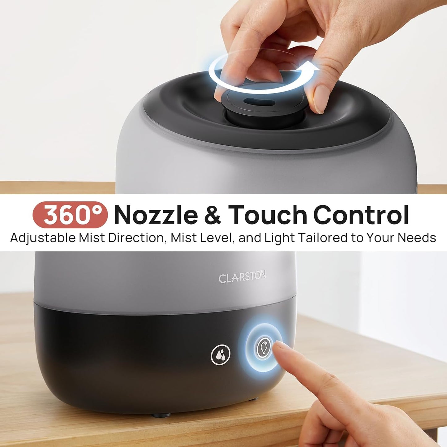 Clarston 2L Cool Mist Humidifier for Bedroom with 360° Adjustable Nozzle, High and Low Mist Levels, Ultra-Low Noise, Light-Off, No BPA, Auto Shut Off, Ideal Baby Humidifier with Easy Top Filling