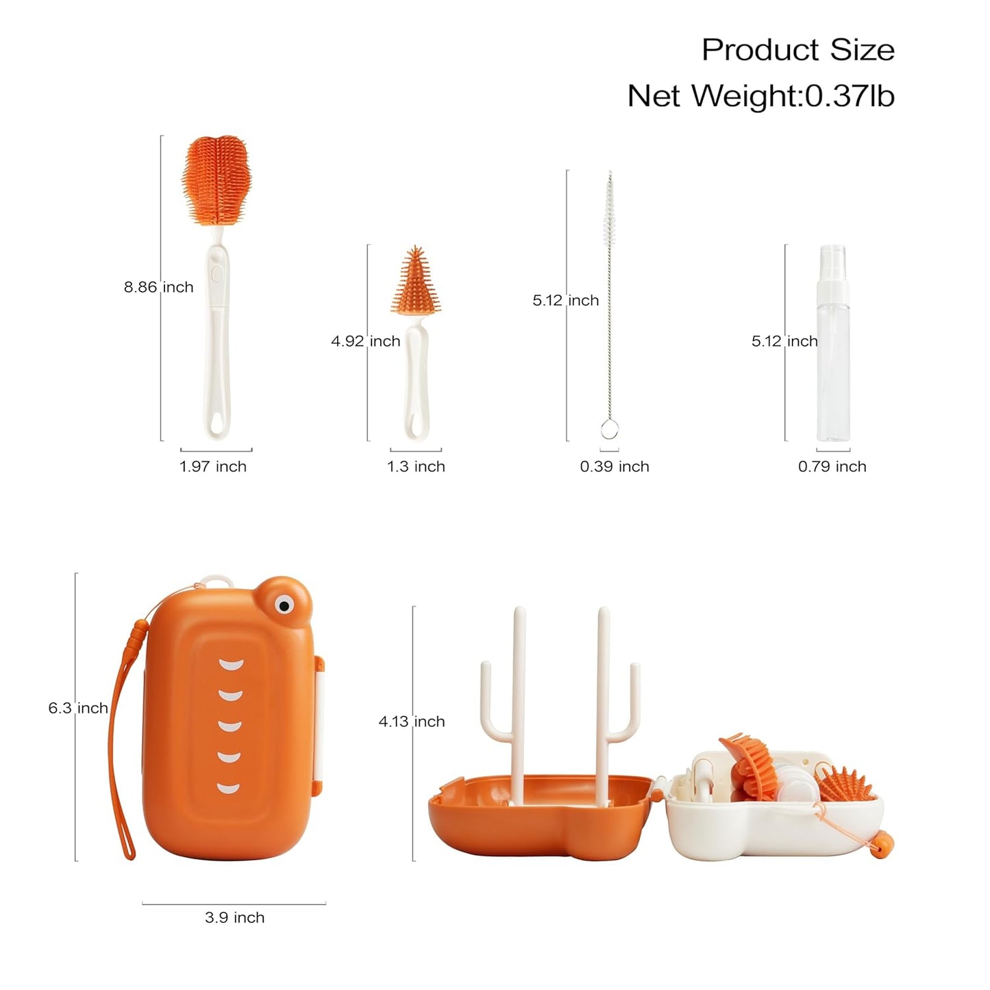 Baby Travel Bottle Brush Set, Baby Bottle Cleaning Kit, Baby Bottle Cleaner Brush Set, 7 in 1, Orange