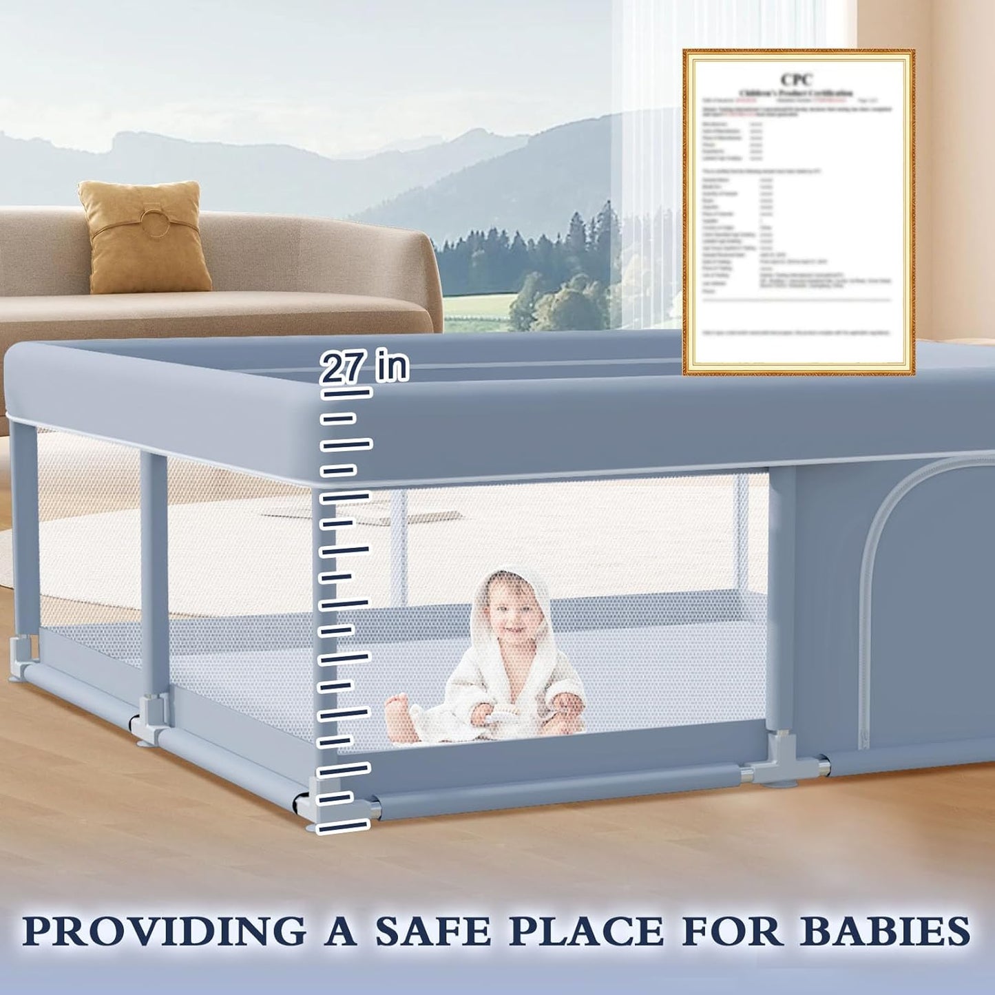 XVISHX 65 x 50 Inch Baby Playpen, Playpen for Babies and Toddlers, Baby Play Pen Playard for Indoor & Outdoor Active Center Game Fence, with Skin-Friendly Fabric and Soft Breathable Mesh, Grey