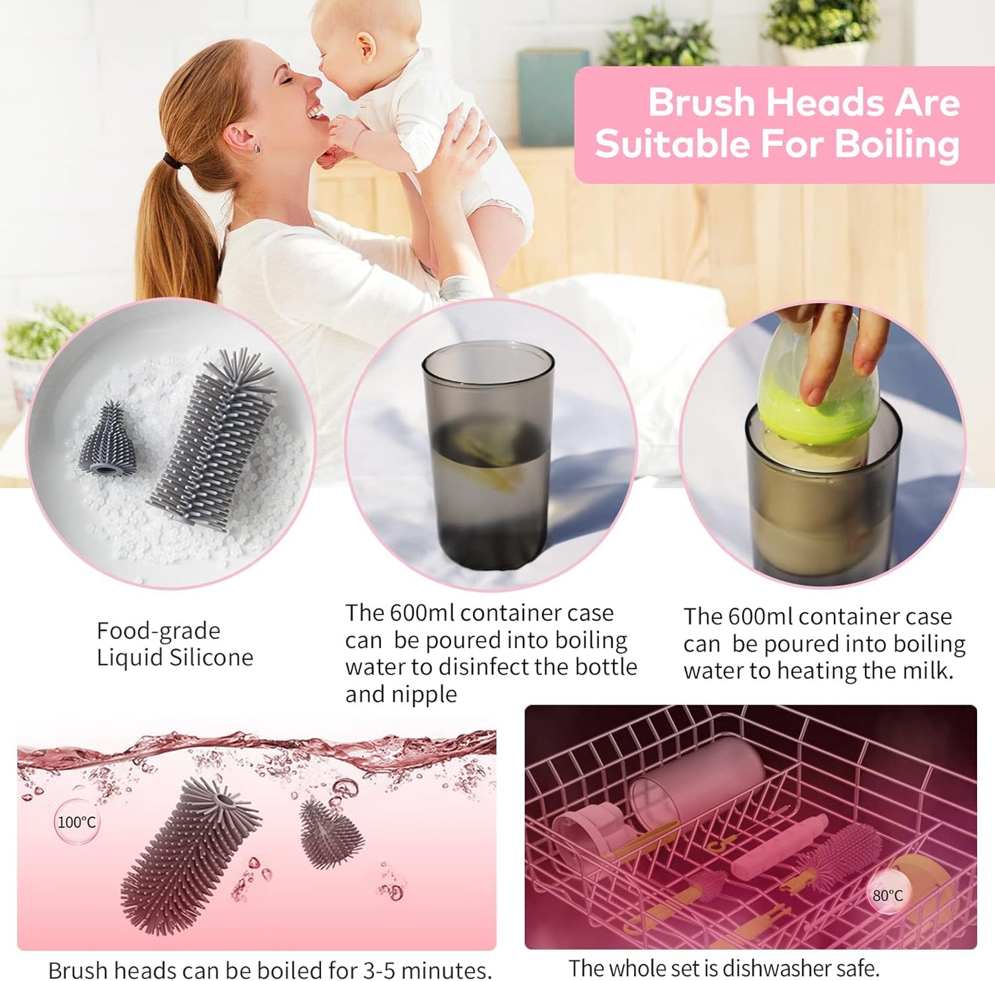 WHNLTravel Baby Bottle Brush Set with Bottle Cleaner Brush Set and Drying Rack,Gift for Newborn Mothers, Suitable for Travel and Home(Yellow)