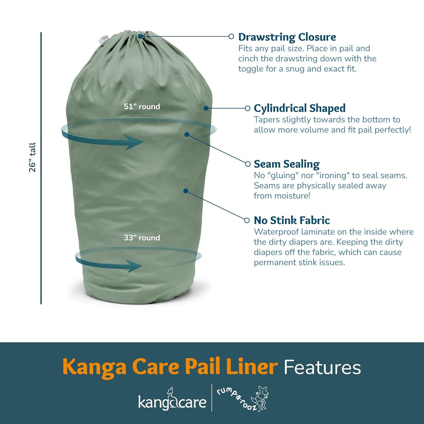 Kanga Care Seam Sealed Drawstring Reusable Diaper Pail Liner Large Barrel Shape 26" height x 51" top x 33" base | Pebble