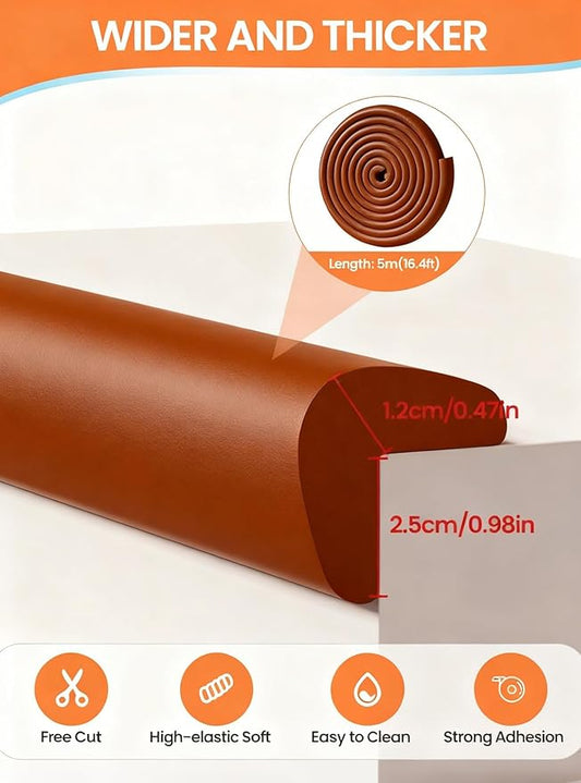 Baby Proof Edge Corner Protector, 16.4FT 0.47''Th L-Shape Furniture Corner & Edge Safety Bumpers with 10 Corners, Pre-Taped, Soft NBR Rubber Foam Desk Edge Cushion Wall Corner Protector (Brown)