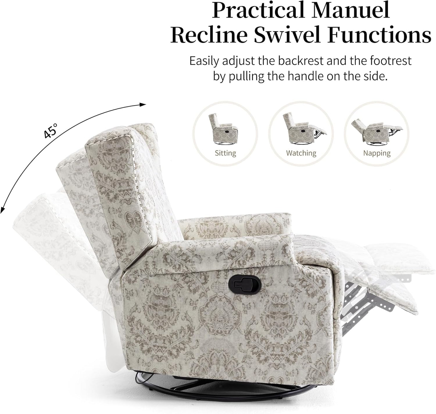 Swivel Rocker Recliner Chair, Manual Nursery Glider Recliner, Floral Fabric Wingback Accent Chair with Adjustable Backrest & Footrest for Small Spaces Living Room Bedroom (Plants Floral, Set of 1)
