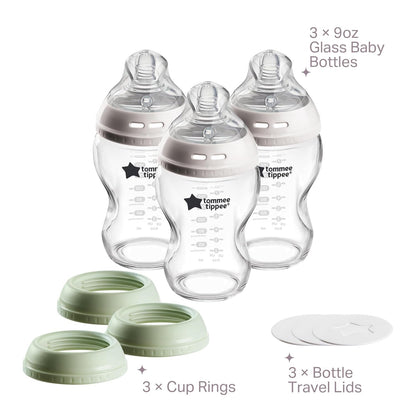 Tommee Tippee Natural Start 9 oz Glass Baby Bottles, Self Sterilizing, BPA & Phthalates Free, 0+ Months, Slow Flow Breast-Like Nipple for a Natural Latch, Travel Jar Lids, Cup Rings, Pack of 3