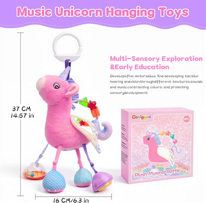 Car Seat & Stroller Toy for Girl - Musical Sensory Plush with Rattle & Mirror Baby Toys 0-12 Months Hanging Travel Carseat Toys Soft Squeaky Stuffed Animal Unicorn for Babies Gifts