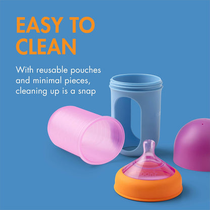 Boon Nursh Reusable Silicone Pouch Baby Bottles - Medium Flow Nipple - Silicone Baby Bottle Pouch and Nipple - Baby Feeding Essentials - Gray - 3-6 Months - 3 Count - 8 Ounce