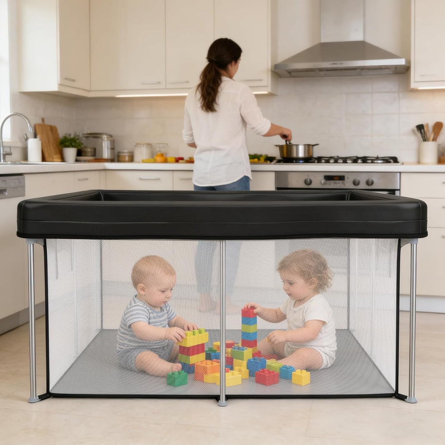 Foldable Baby Playpen, 50"×50" Collapsible Play Yard for Babies and Toddlers, No Assembly Required, Kids Safety Play Area with 4 Handles, 50 Balls and Visible Mesh, Black