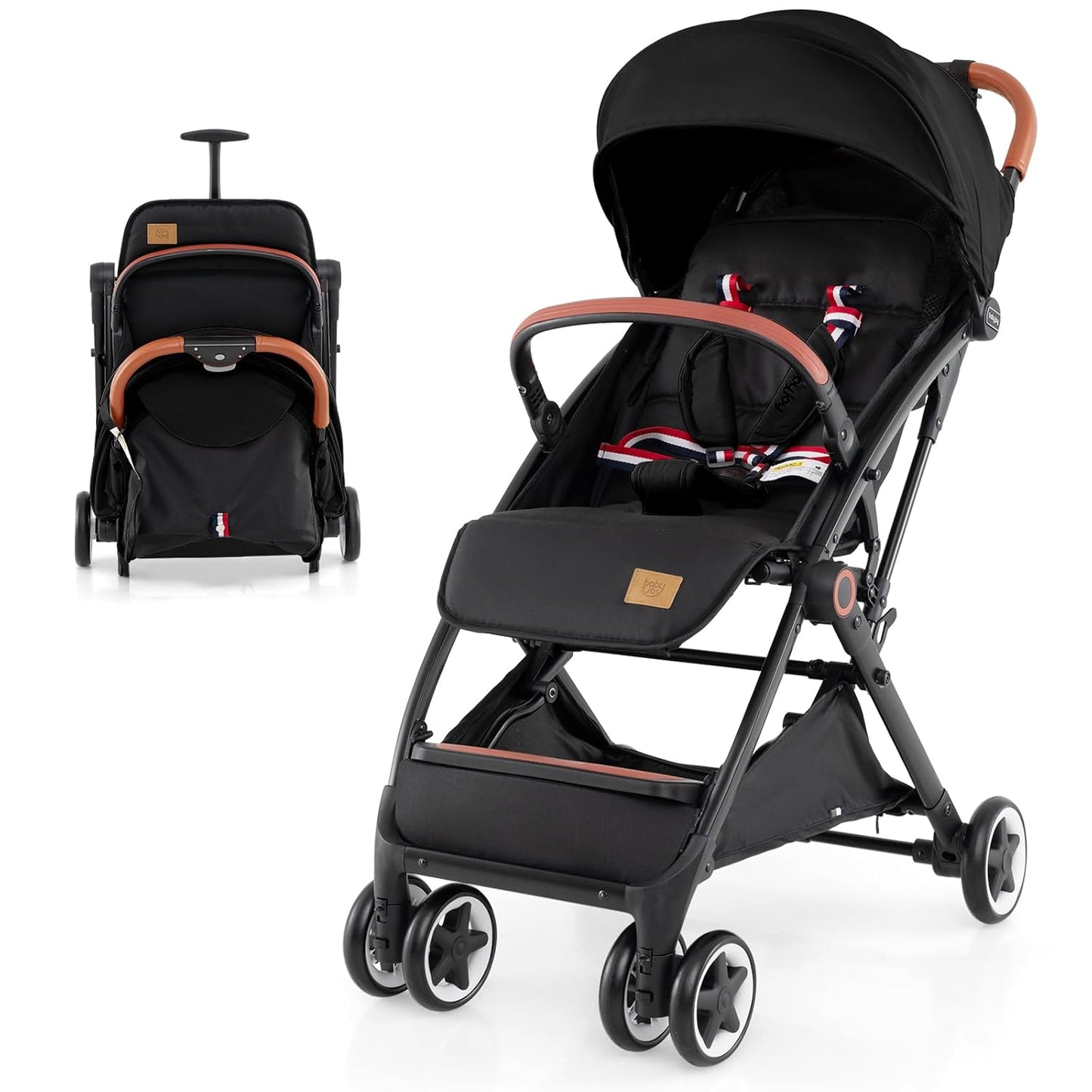 BABY JOY Lightweight Baby Stroller, Compact Toddler Travel Stroller for Airplane, Infant Stroller w/ 5-Point Harness, Adjustable Backrest/Footrest/Canopy, Storage Basket, Easy One-Hand Fold, Beige