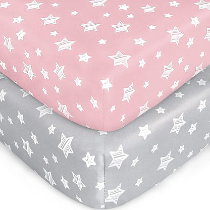 Pack and Play Sheets, 2 Pack Mini Crib Sheets, Stretchy Playard Fitted Sheet, Compatible with Graco Pack n Play, Soft and Breathable Material, Planet & Flower