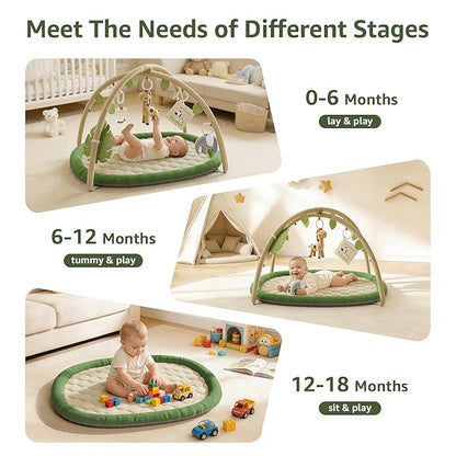 Baby Play Gym & Activity Mat, Baby Play Mat with 5 Detachable Toys, Promotes Motor Skills & Sensory Development, Tummy Time Mat for Baby to Toddler, Baby Essentials Shower Gift, Green