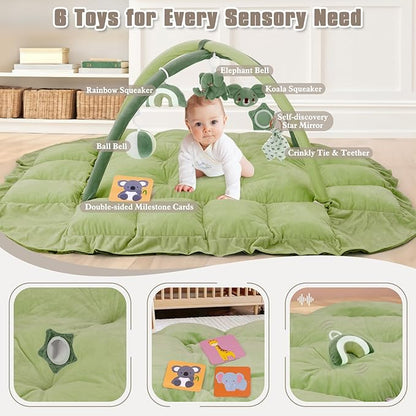 5-in-1 Plush Baby Play Gym, Baby Play Mats, Convertible Baby Gym, Tummy time mat, 6 Sensory Toys, Activity Center, Ball Pit, Green