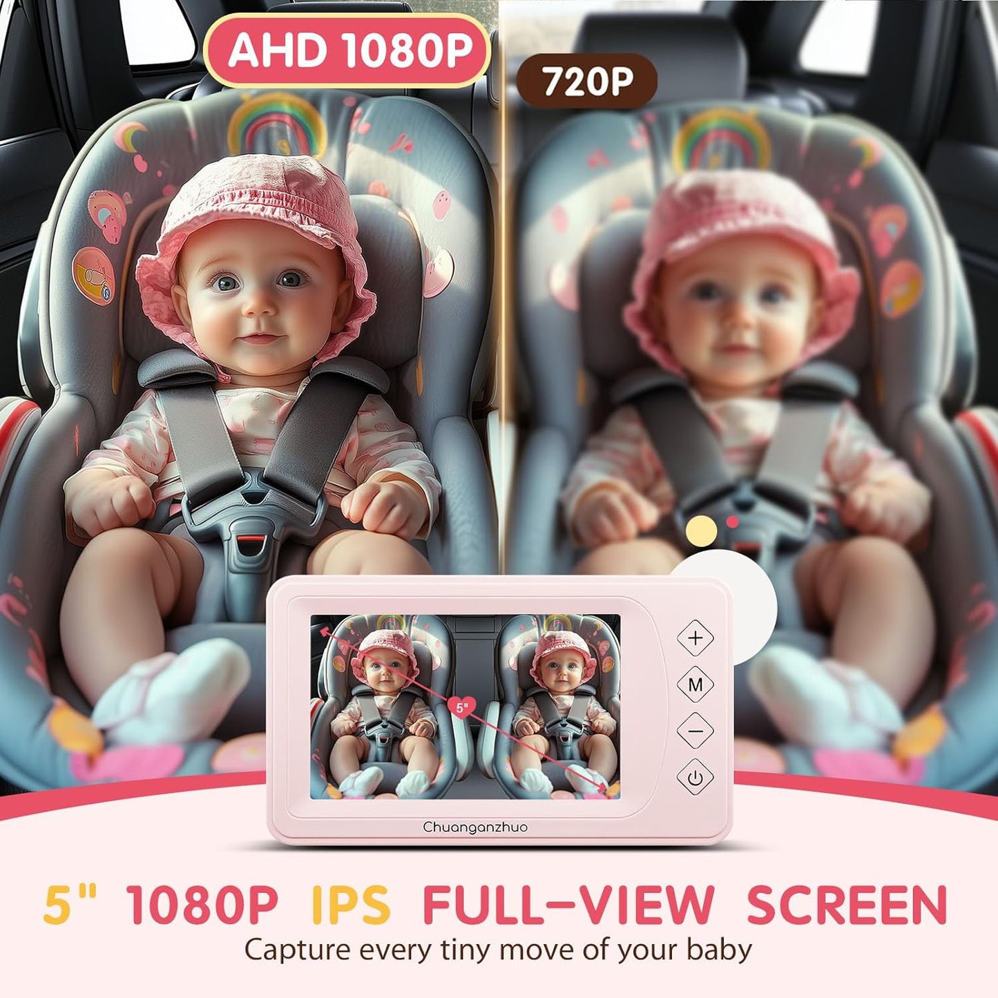 Baby Car Camera USB with No.1 Clarity, 5'' HD 1080P IPS Baby Car Monitor with 3X Zoom, Backseat/Carseat/Rear Seat Camera with Ultra Night Vision, Easy No-Damage Install, S100P(5inch Black)