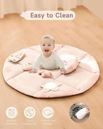 Fortella Baby Play Gym & Activity Mat, Machine Washable & Foldable Tummy Time Mat with 5 Detachable Toys, Certified Safe Newborn Essentials Gift for Baby Registry 0-12 Months (Rose Pink)