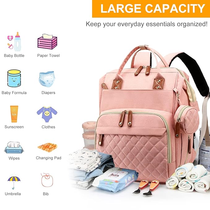 Awanhe Diaper Bag, Backpack with Changing Station, Waterproof Baby Bag for Boys & Girls, USB Charging Port for Parents, Travel Backpack Baby Essentials & Lovely Baby Shower Gifts, Pink