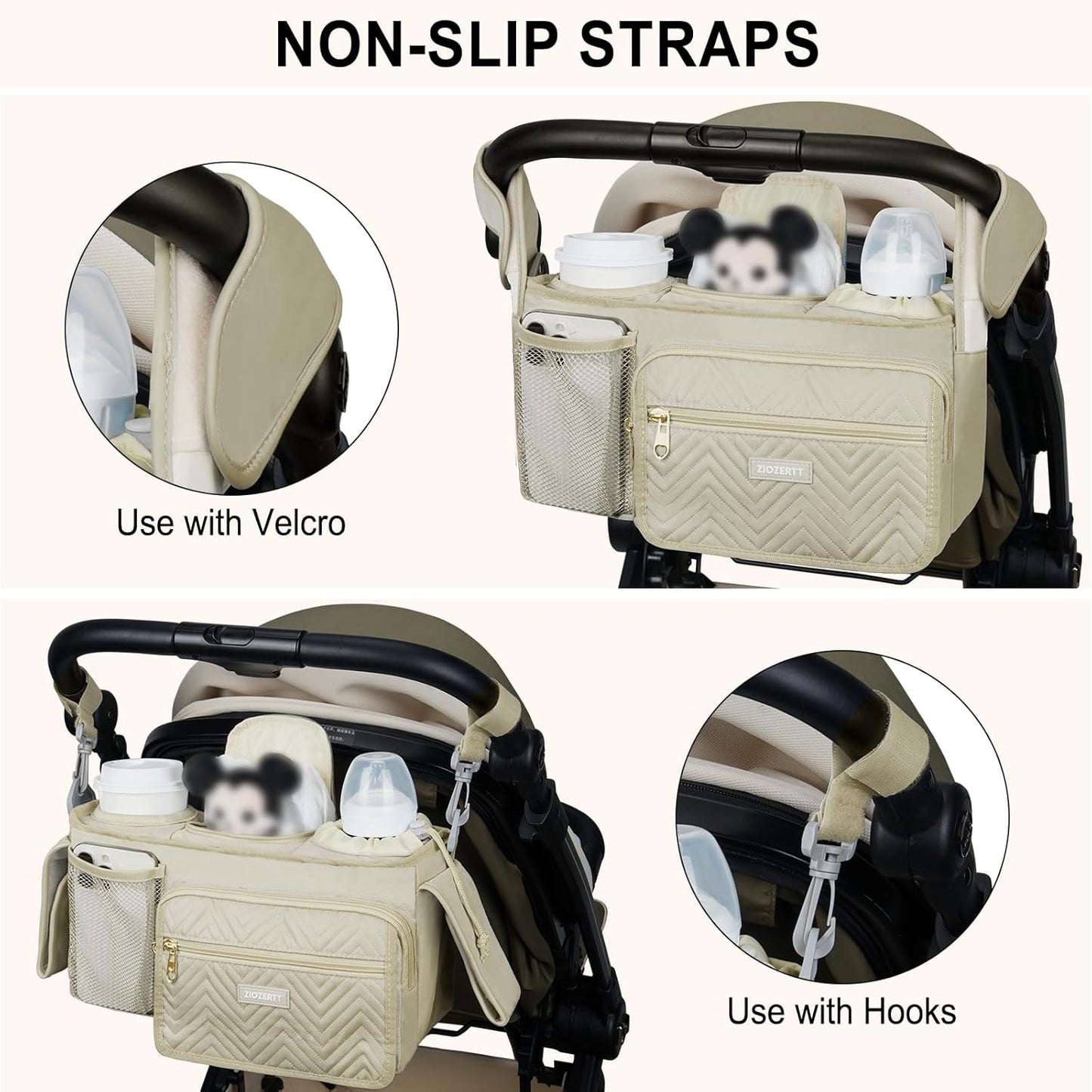 Universal Stroller Organizer with Insulated Cup Holders,Large Capacity Non-Slip Stroller Caddy Bag Fits for Uppababy/Doona/Jogger/Britax/Mompush/BoB with Anti-Sag Hard Bottom and Wet Wipes Pocket