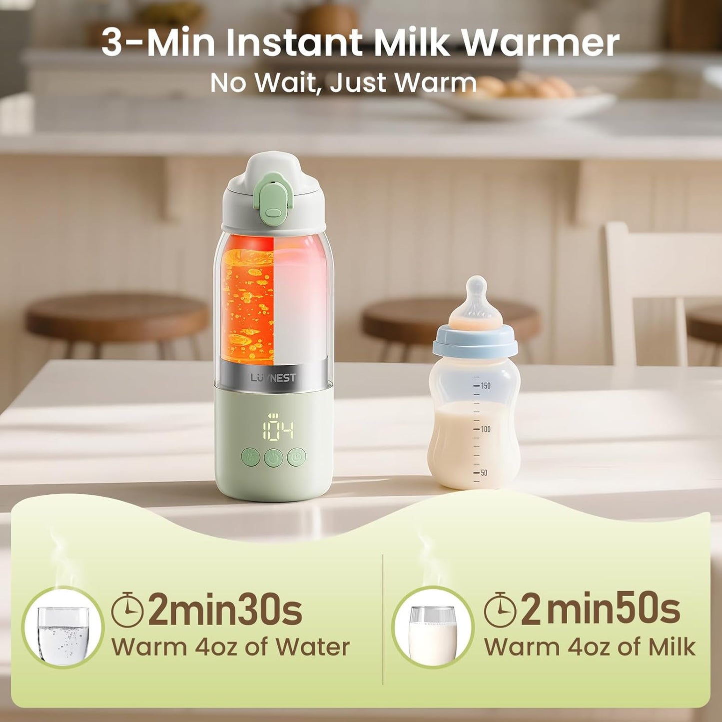 Portable Bottle Warmer for Travel, 3-Min Fast Heating Baby Bottle Warmer for Breastmilk & Formula, 12oz Rechargeable Milk Warmer with 6 Temp Settings, USB-C for Car, Airplane & Outdoor