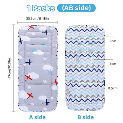 Baby Stroller Cushion,Infant Car Seat Insert-Reversible Universal Breathable and Soft Newborn Stroller Mat,100% Cotton Cover Toddler Seat Pad Liner-34x78cm,1 Pack(Gray Plane+Blue Stripes)