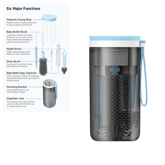 Travel Baby Bottle Drying Rack with Bottle Cleaning Brush Set, Blue