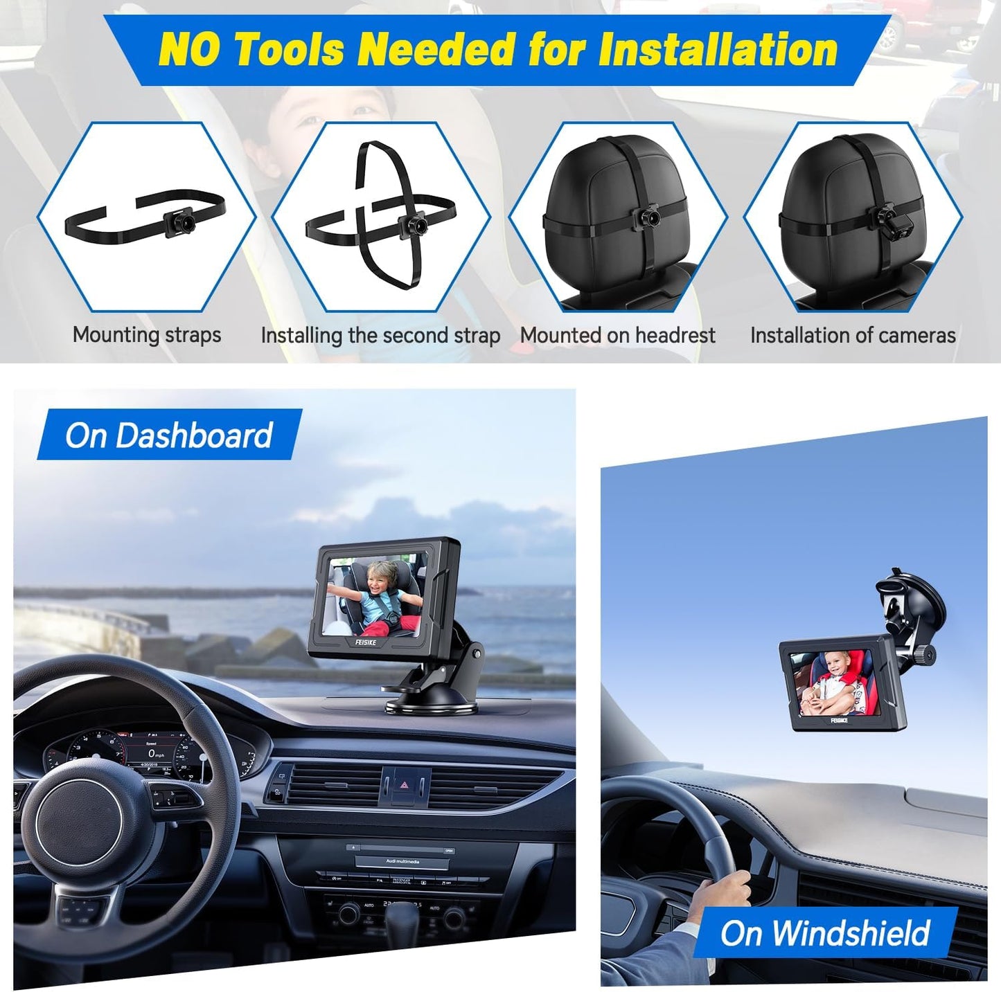 FEISIKE Baby Car Camera, 4.3'' Back Seat Baby Car Camera Mirror for Crystal Infrared Night Vision, 360° Rotation & 149° Wide View, 3 Mins Easy Installation