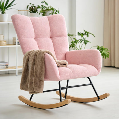 DUMOS Nursery Rocking Chair Teddy Upholstered, Comfy Glider Rocker with High Backrest Armchair Padded Seat, Accent Side Chair for Living Room Bedroom Offices Small Spaces Indoor, Beige